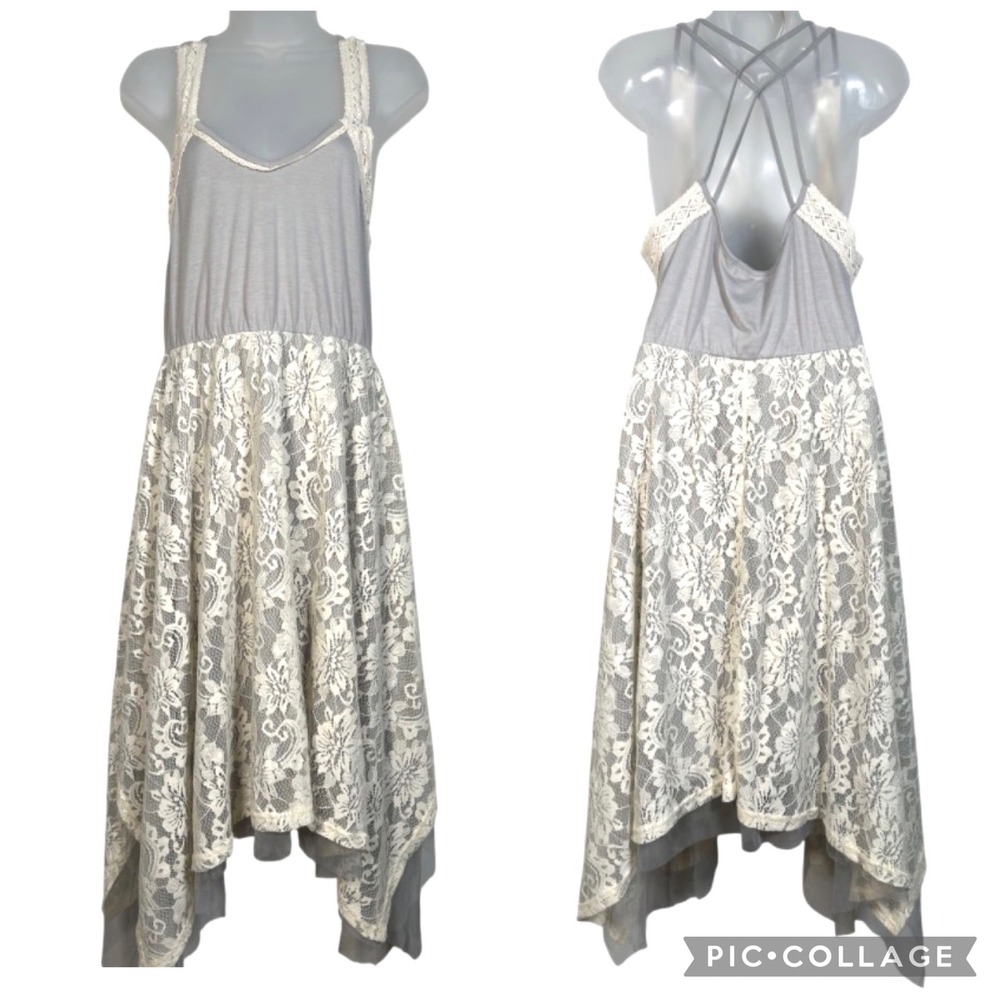 Waltz Womens Dress Grey Lace Handkerchief Hem Festival Fairycore Boho Midi Small